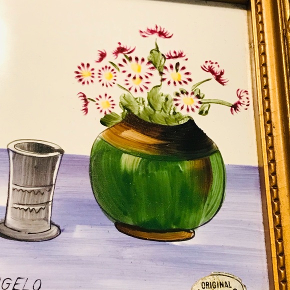 Vintage Hand Painted Ceramic Pair of Decorative Tiles by M. Angelo 5”-5” - Picture 7 of 10